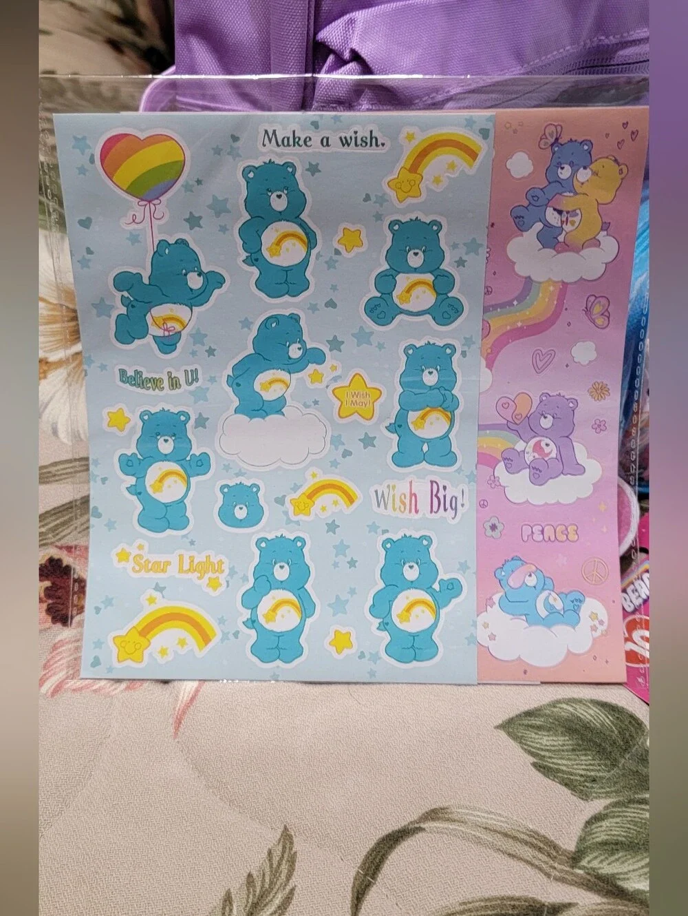 820-Care Bears Purple Backpack with  Matching Pencil Case and Accessories